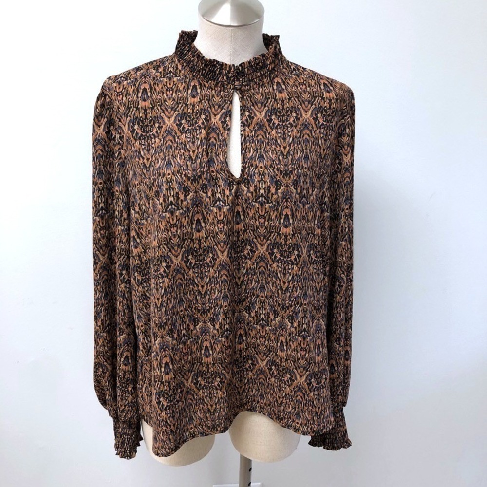Evereve Blouse Womens XL‎ Brown Multi Abstract Ikat Smocked Mock Neck Keyhole